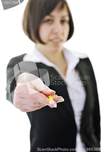 Image of bosiness woman choosing perfect pencil