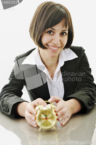 Image of time maagement concept with business woman isolated on white