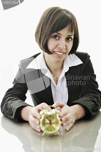 Image of time maagement concept with business woman isolated on white