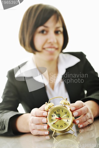 Image of time maagement concept with business woman isolated on white