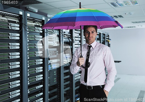 Image of businessman hold umbrella in server room