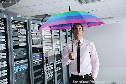 Image of businessman hold umbrella in server room