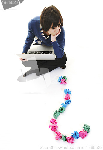 Image of young woman isolated on white looking for solutions