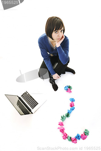 Image of young woman isolated on white looking for solutions