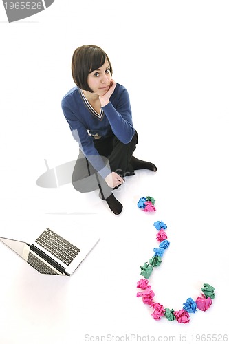 Image of young woman isolated on white looking for solutions