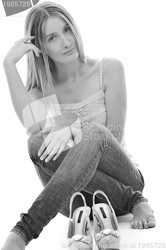 Image of blonde  female  model posing isolated on white background