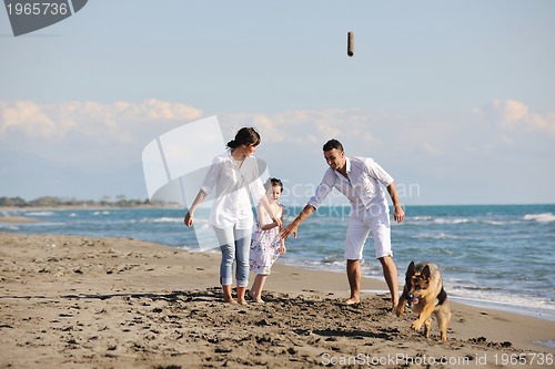 Image of happy family playing with dog on beach