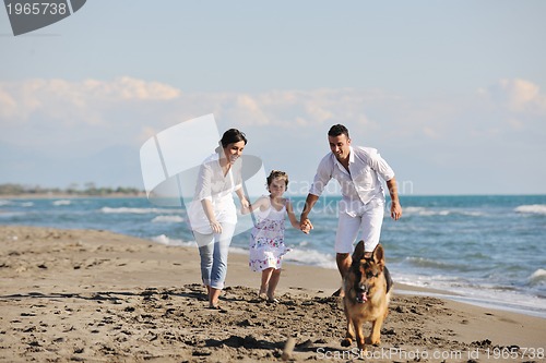 Image of happy family playing with dog on beach