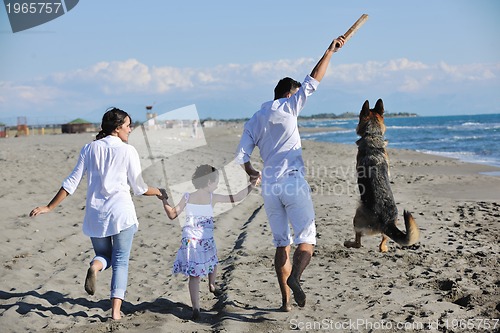 Image of happy family playing with dog on beach