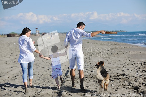 Image of happy family playing with dog on beach