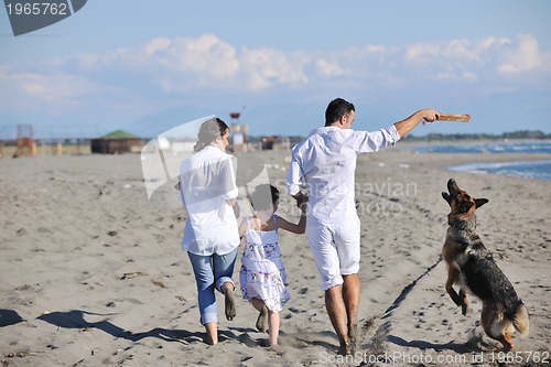 Image of happy family playing with dog on beach