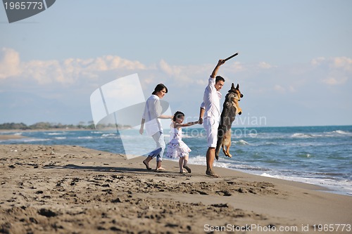 Image of happy family playing with dog on beach