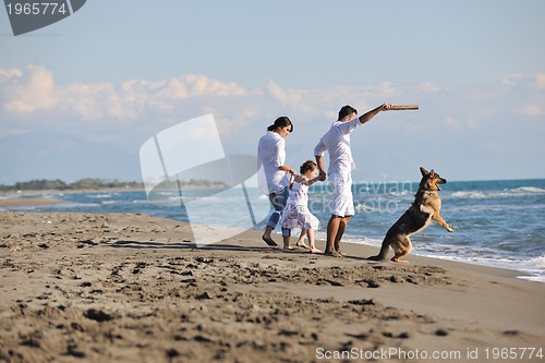 Image of happy family playing with dog on beach