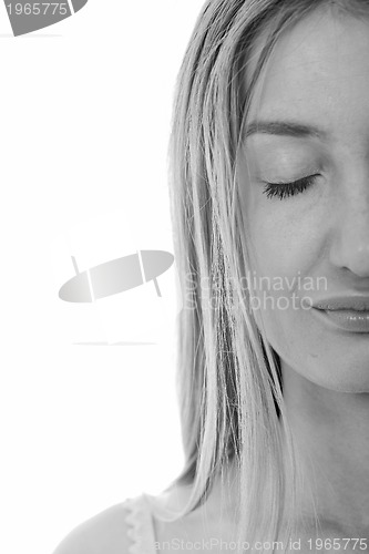 Image of blonde  female  model posing isolated on white background