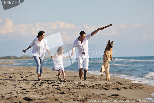 Image of happy family playing with dog on beach