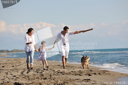 Image of happy family playing with dog on beach