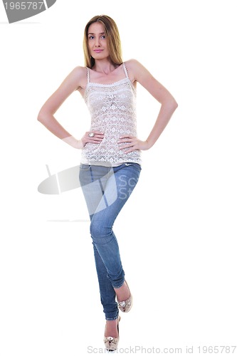 Image of blonde  female  model posing isolated on white background