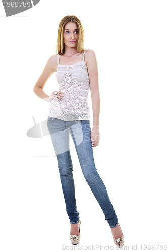 Image of blonde  female  model posing isolated on white background