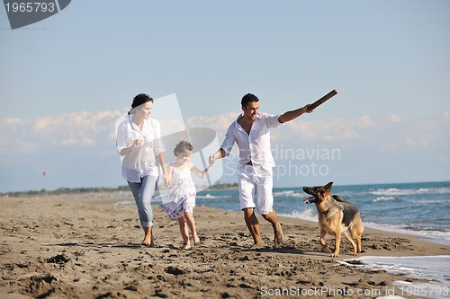 Image of happy family playing with dog on beach