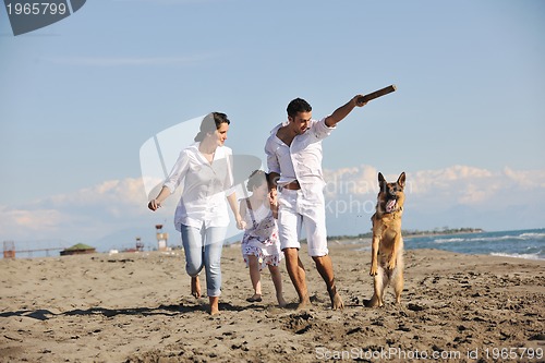 Image of happy family playing with dog on beach