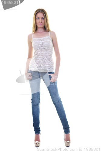 Image of blonde  female  model posing isolated on white background