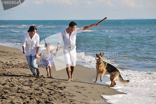 Image of happy family playing with dog on beach