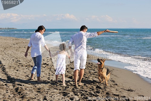 Image of happy family playing with dog on beach