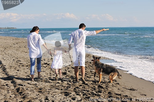 Image of happy family playing with dog on beach