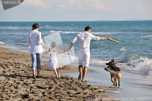 Image of happy family playing with dog on beach