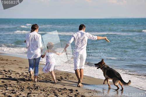 Image of happy family playing with dog on beach