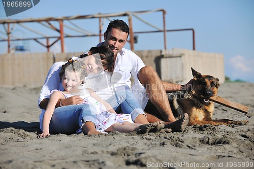 Image of happy family playing with dog on beach