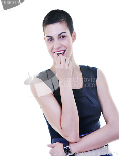 Image of young lady isoladet on white background hold tasty chocolate