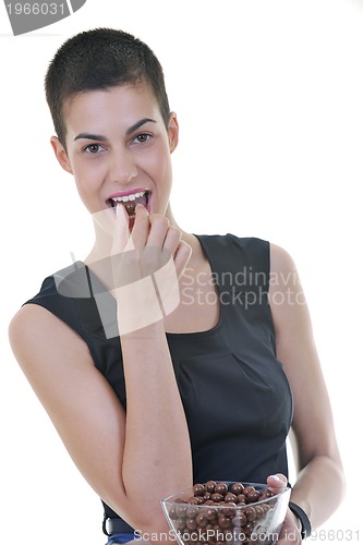 Image of brunette female  model posing isolated on white background