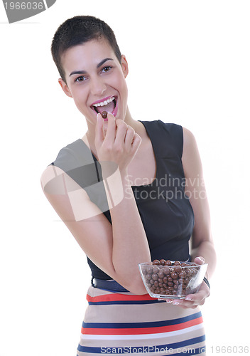 Image of brunette female  model posing isolated on white background