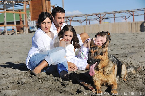 Image of happy family playing with dog on beach
