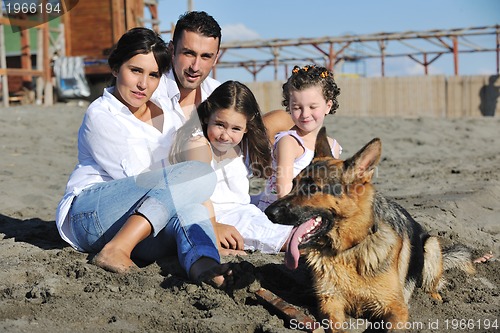 Image of happy family playing with dog on beach