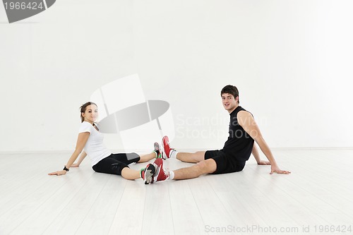 Image of happy young couple fitness workout and fun