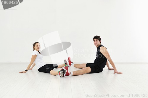 Image of happy young couple fitness workout and fun