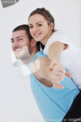 Image of happy young couple fitness workout and fun