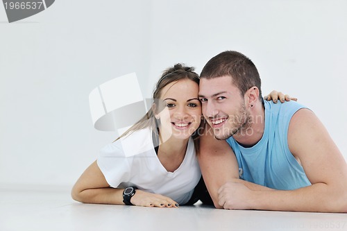 Image of happy young couple fitness workout and fun