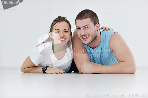 Image of happy young couple fitness workout and fun