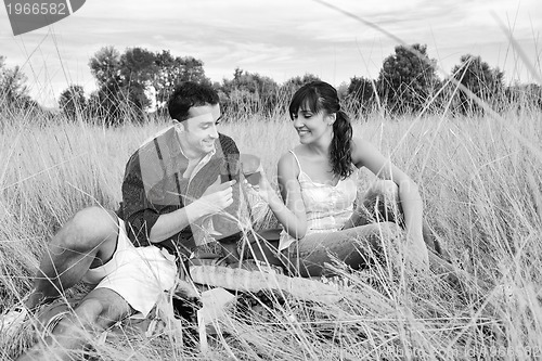 Image of happy couple enjoying countryside picnic in long grass