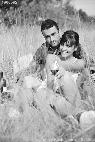 Image of happy couple enjoying countryside picnic in long grass