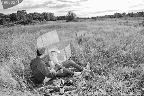 Image of happy couple enjoying countryside picnic in long grass