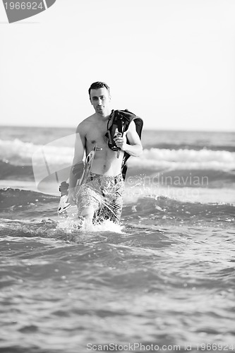 Image of Portrait of a young  kitsurf  man at beach on sunset