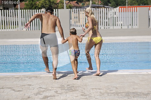 Image of happy young family have fun on swimming pool