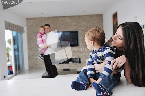 Image of happy young family have fun  at home