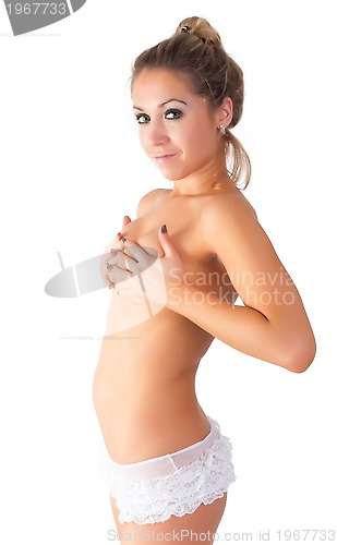 Image of Attractive woman covering breast