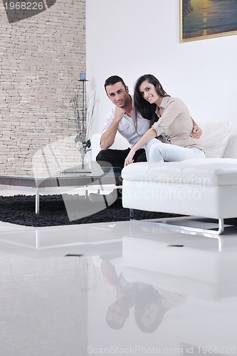Image of joyful couple relax and work on laptop computer at modern home