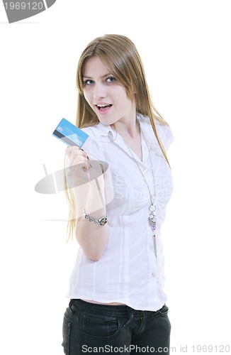 Image of young woman hold credit card